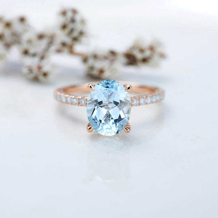 3 Carat Genuine Natural Aquamarine Oval Cut Hidden Halo Rose Gold Engagement  Ring