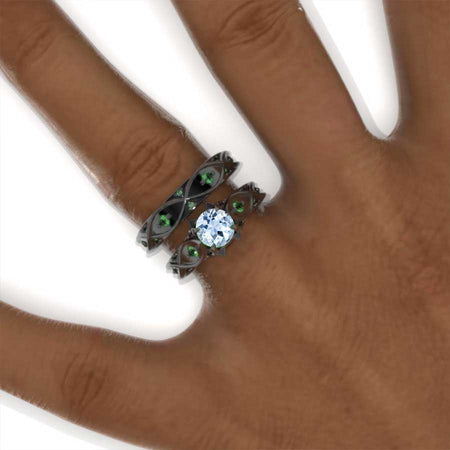 14K Black Gold Genuine Natural Aquamarine Celtic Engagement Ring