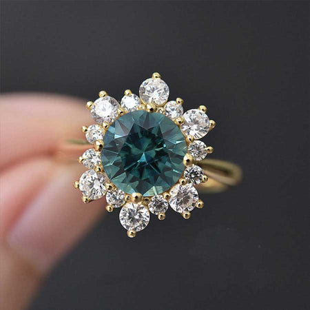 2 Carat Snowflake Teal Sapphire 14K White Gold Ring