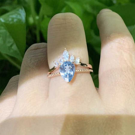 3 Carat Pear Cut Genuine Natural Aquamarine Rose Gold  Ring- Two Ring Set