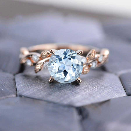 2 Carat Round Brilliant Cut Genuine Natural Aquamarine Floral Rose Gold Engagement Ring