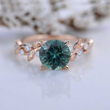 2 Carat Round Brilliant Cut Teal Sapphire Floral Rose Gold Engagement Ring