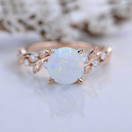 2 Carat Round Brilliant Cut Genuine White Opal Floral Rose Gold Engagement Ring