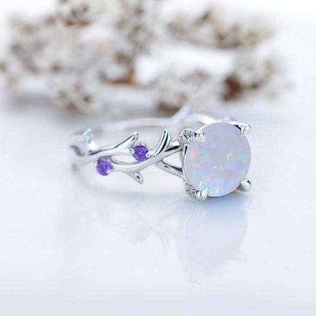 2 Carat Genuine White Opal Twig Floral White Gold Engagement  Ring