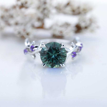 2 Carat Teal Sapphire Twig Floral White Gold Engagement Ring