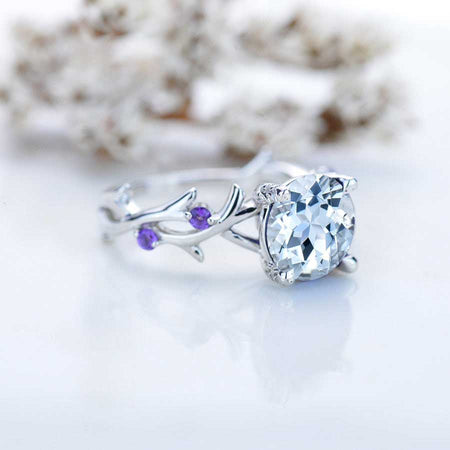 2 Carat Genuine Natural Aquamarine Amethyst Twig Floral White Gold Engagement  Ring