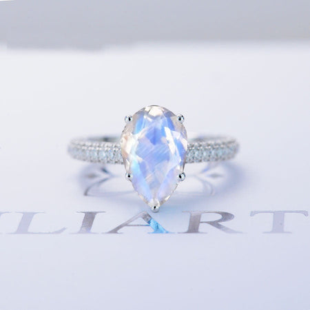 3 Carat Pear Cut Genuine moonstone Hidden Halo Gold Engagement Ring