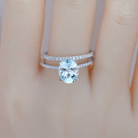 3 Carat Oval Giliarto Genuine Natural Aquamarine Hidden Halo Engagement Ring Set