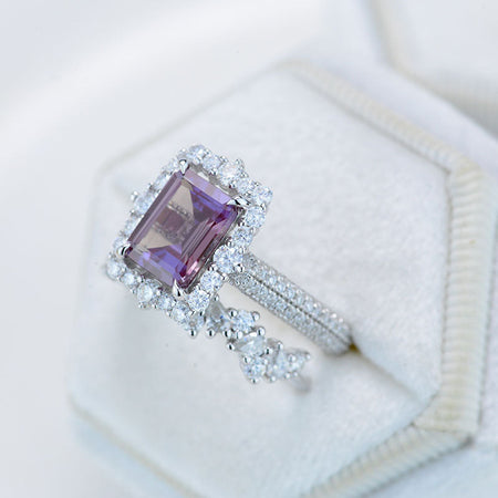 3 Carat Purple Sapphire Engagement Ring Halo Emerald Cut Purple Sapphire Nontraditional Engagement Ring, 9x7mm Step Cut Purple Sapphire Fairy Engagement Ring with Eternity Band