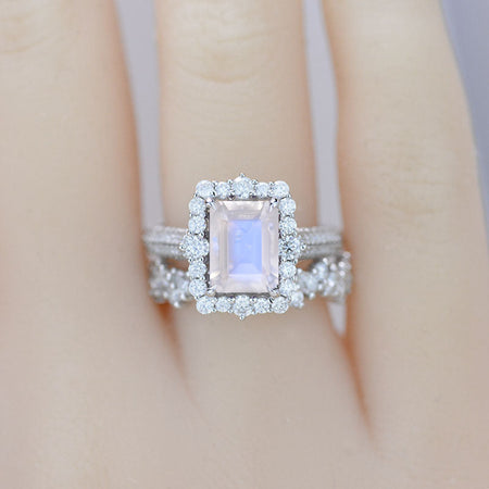 3 Carat Genuine moonstone Engagement Ring Halo Emerald Cut Genuine moonstone Engagement Ring, 9x7mm Step Cut Genuine moonstone Engagement Ring with Eternity Band