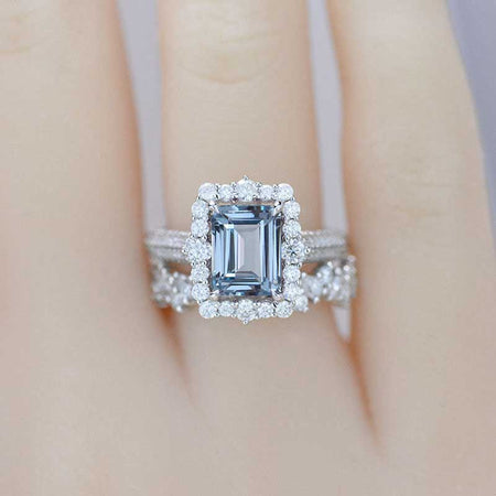 2Ct Genuine Natural Aquamarine Engagement Ring Halo Emerald Cut Genuine Natural Aquamarine Engagement Ring, 8x6mm Step Cut Genuine Natural Aquamarine Engagement Ring with Eternity Band