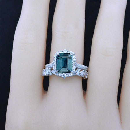 3Ct Teal Sapphire Engagement Ring Halo Radiant Cut Teal Sapphire Engagement Ring