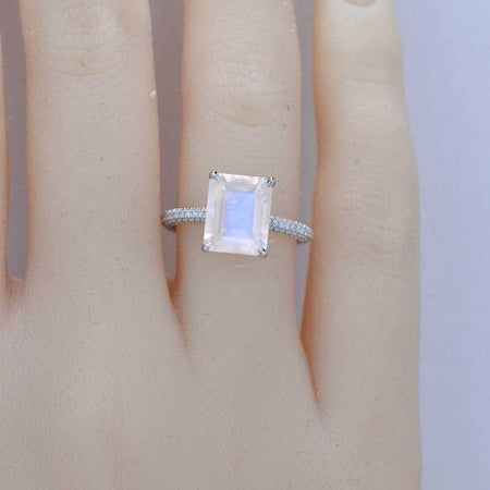 5ct Emerald Shaped Step Cut Natural Moonstone Ring, 5 Carat Natural Moonstone Engagement Ring, Natural Moonstone Pave Accent Stones Hidden Halo Ring