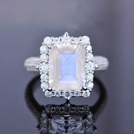 3Ct Genuine moonstone Engagement Ring Halo Radiant Cut Genuine moonstone Black Gold Engagement Ring