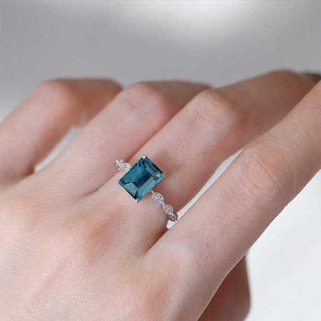 3 Carat Emerald Cut Teal Sapphire Luxury Vintage Ring