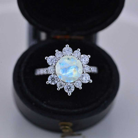 2 Carat Round Natural Moonstone Snowflake Halo Engagement Ring. Victorian 14K White Gold Ring