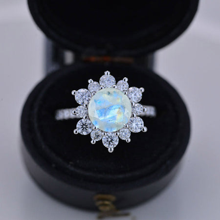 2 Carat Round Genuine Moonstone Snowflake Halo Engagement Ring. Victorian 14K White Gold Ring