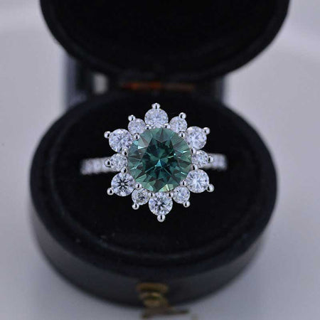 2 Carat Round Teal Sapphire Snowflake Halo Engagement Ring. Victorian 14K White Gold Ring