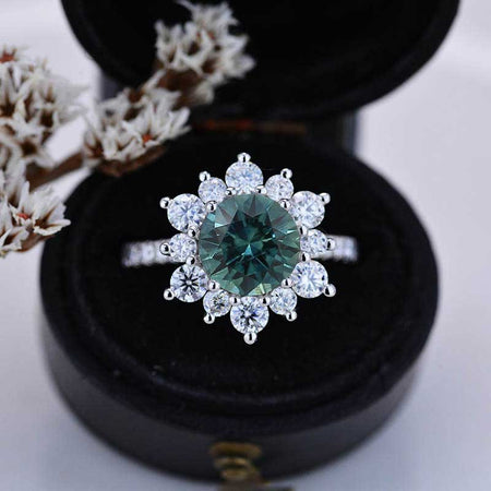 2 Carat Round Teal Sapphire Snowflake Halo Engagement Ring Victorian 14K White Gold Ring