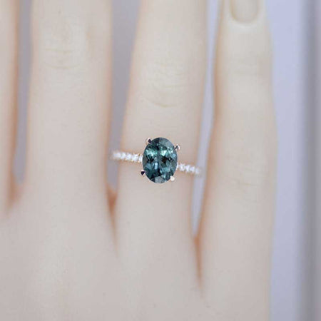 2 Carat Teal Sapphire Oval Cut Hidden Halo Rose Gold Engagement Ring