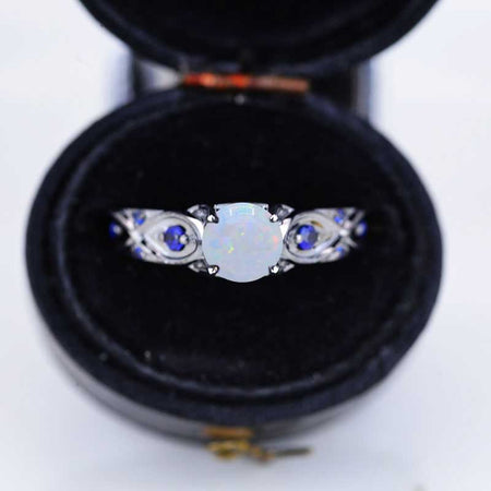 14K Black Gold Platinum Genuine White Opal Celtic Engagement Ring