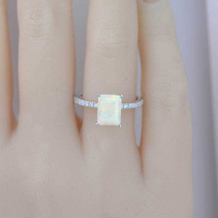 3 Carat Emerald Cut Genuine White Opal Hidden Halo 14K White Gold Engagement Ring