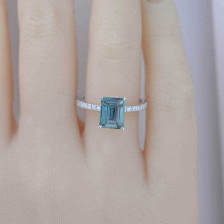 3 Carat Giliarto Emerald Cut Teal Sapphire Hidden Halo 14K White Gold Engagement Ring