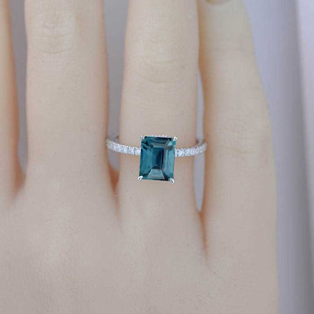 2 Carat Emerald Cut Teal Sapphire Hidden Halo Engagement Ring