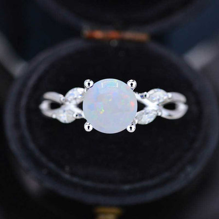 2Ct Round White Opal Vintage Engagement Ring, White Opal Engagement Ring, Marquise Side Accents Stones 14K White Gold Ring