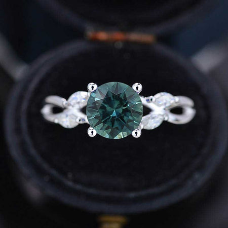 2Ct Round Teal Sapphire Vintage Engagement Ring, Teal Sapphire Engagement Ring, Marquise Side Accents Stones 14K White Gold Ring