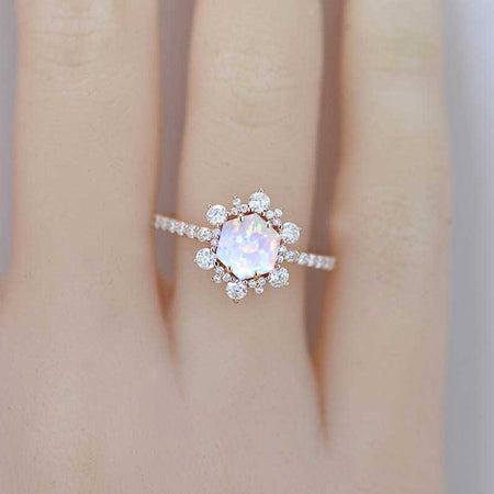 3 Carat Hexagon Genuine White Opal Snowflake Halo Engagement Ring. Victorian 14K Rose Gold Ring