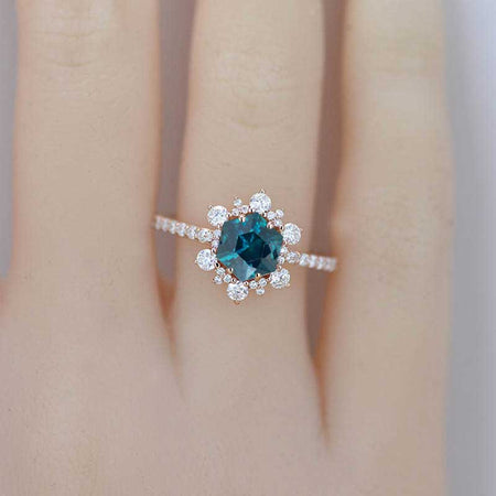 3 Carat Hexagon Teal Sapphire Snowflake Halo Engagement Ring. Victorian 14K Rose Gold Ring