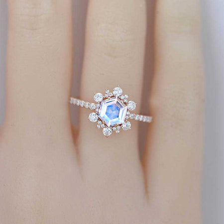 3 Carat HexagonNatural Moonstone Snowflake Halo Engagement Ring. Victorian 14K Rose Gold Ring