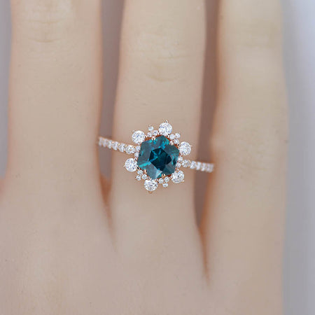 3 Carat Hexagon Teal Sapphire Snowflake Halo Engagement Ring. Victorian 14K White Gold Ring