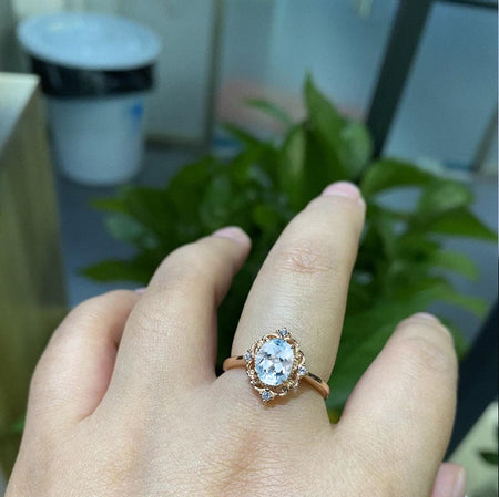 10K Solid Rose Gold Dainty Genuine Natural Aquamarine Ring, 1.5ct Oval Cut Genuine Natural Aquamarine Ring, Rose Gold Ring Unique Oval Halo Vintage Ring.