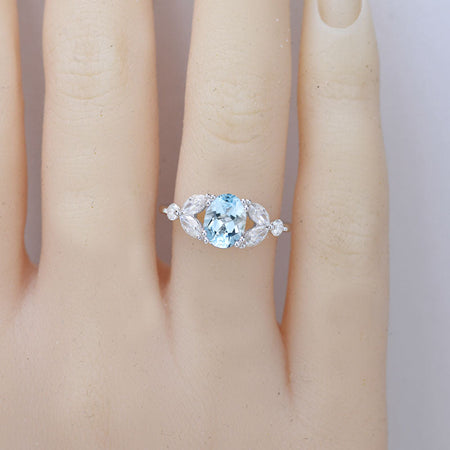 14K Solid White Gold Dainty Genuine Natural Aquamarine Ring, Oval Cut Genuine Natural Aquamarine Ring, White Gold Ring Unique Vintage Ring