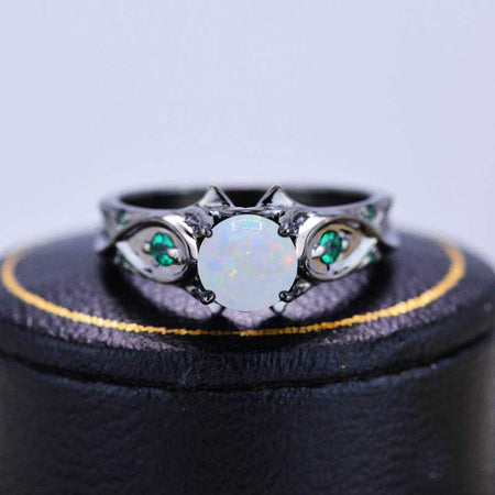 14K Black Gold Genuine White Opal Celtic Engagement Ring