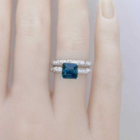 2 Carat Princess Cut Giliarto Teal Sapphire White Gold Floral Engagement Ring Set