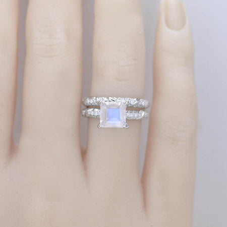 1.5 Carat Princess Cut Genuine moonstone White Gold Floral Engagement Ring Set