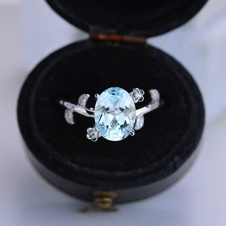 White Gold Dainty Genuine Natural Aquamarine Leaf Ring, 3 Carat Oval Genuine Natural Aquamarine Twig Ring