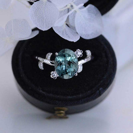 White Gold Dainty Teal Sapphire Leaf Ring, 2ct Oval Teal Sapphire Twig Ring