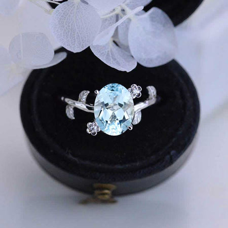 White Gold Dainty  Genuine Natural Aquamarine Leaf Ring, 2ct Oval Genuine Natural Aquamarine Twig Ring