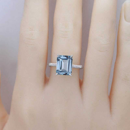 5ct Emerald Shaped Step Cut Genuine Natural Aquamarine Ring, 5 Carat Genuine Natural Aquamarine Engagement Ring, Moissanite Pave Accent Stones Hidden Halo Ring