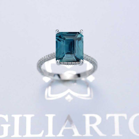 4 Carat Giliarto Emerald Cut Teal Sapphire Hidden Halo Engagement Ring