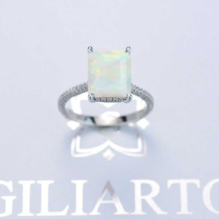 4 Carat Emerald Cut Genuine White Opal Hidden Halo Engagement Ring