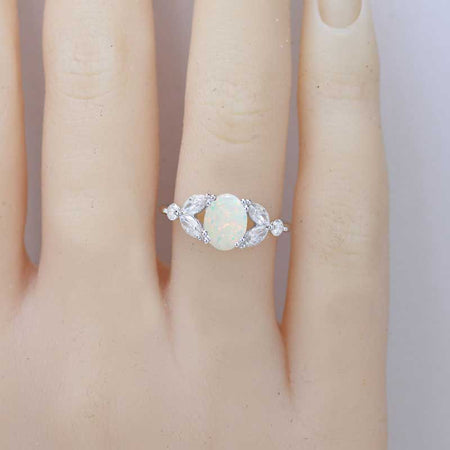 14K Solid White Gold Dainty White Opal Ring, Oval Cut White Opal Ring, White Gold Ring Unique Vintage Ring