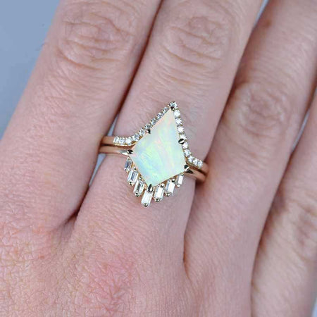 14K Gold 4 Carat Kite Genuine White Opal Halo Unique Engagement Ring, Eternity Ring Set