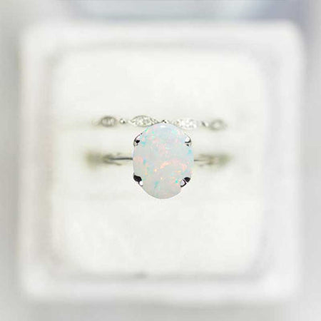 2 Carat Oval White Opal Engagement Eternity Gold Rings Set