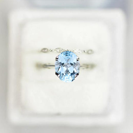 2 Carat Oval Genuine Natural Aquamarine Engagement Eternity Gold Rings Set