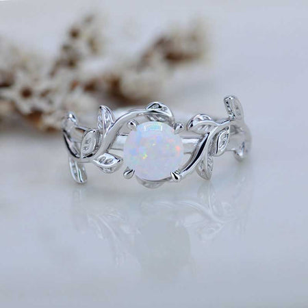 Genuine White Opal Twig Floral White Gold Engagement  Ring